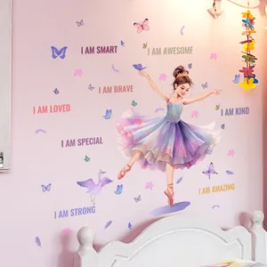 Cartoon Ballet Girl Wall Sticker Motivational Quotes Purple Butterfly PVC Decorative Wall Decal For Kids Bedroom Playroom
