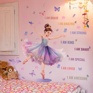 Cartoon dancing girl wall stickers with inspirational quotes for girl's bedroom decoration
