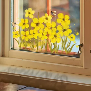 Pegatina de Inodoro de Flor Amarilla Abeja PVC Impermeable Calcomanía de Pared Acuarela Floral Baño Sala de Estar Decoración