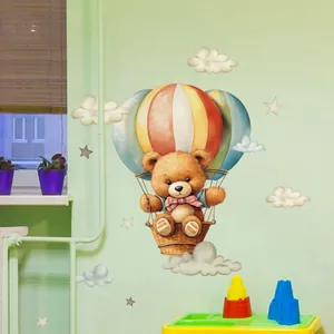 Cartoon bear in hot air balloon wall decals with stars and clouds for nursery decor