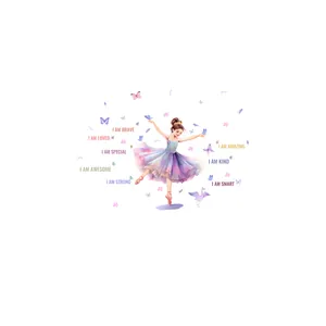 Cartoon ballerina wall decal with colorful butterflies and motivational phrases for kids room
