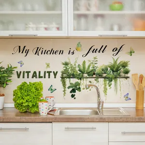 Kitchen Wall Stickers Green Potted Plants Butterfly Decals My Kitchen Is Full Of Vitality PVC Removable Nordic Home Decor