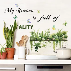 Macro view of self-adhesive kitchen wall stickers with plants, flowers and butterflies