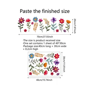 Dettaglio degli adesivi per finestre con fiori colorati con misure e guida al layout