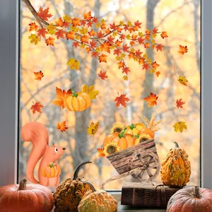 Fall Maple Leaf Pumpkin Squirrel Window Clings Static Stickers Autumn Thanksgiving Halloween Double Sided Glass Home Decoration