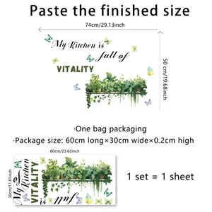 Detail of green plant wall stickers with butterflies and My Kitchen is full of VITALITY text