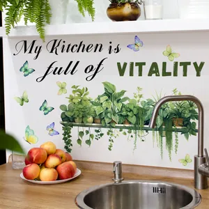 Detailed kitchen wall decal set with green potted plants, butterflies, and vitality text