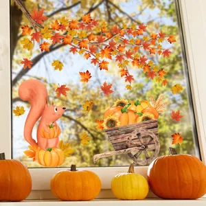 Autumn window stickers featuring squirrels, pumpkins, and maple leaves for Thanksgiving decor