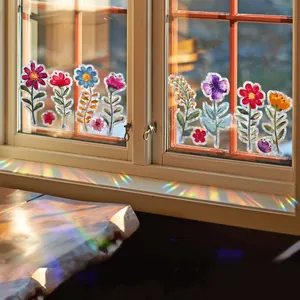 Adesivi per finestre arcobaleno con design floreale a prisma per decorazioni di casa