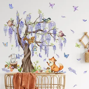 Détails de stickers muraux aquarelle avec arbres, lapins et renards pour enfant