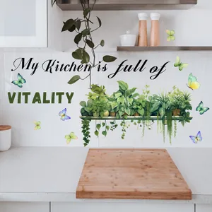 Green potted plants and colorful butterfly wall stickers with My Kitchen text decal