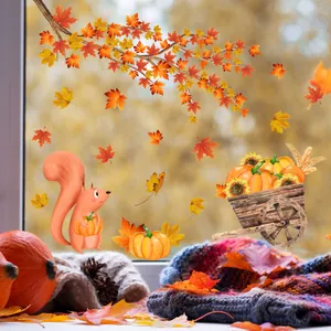 Fall window clings with maple leaves, squirrel and pumpkin cart for Thanksgiving decor