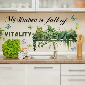 Kitchen wall decal featuring green potted plants and My Kitchen is full of VITALITY text