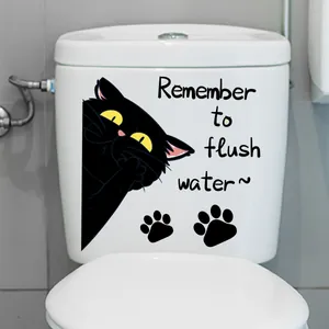 Cartoon schwarze Katze WC-Aufkleber mit Pfoten und Spülhinweis für das Badezimmer