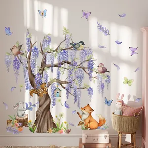 Stickers Muraux Arbre Glycine Violette Aquarelle Animaux Forêt Renard Lapin Écureuil Oiseaux Papillons Amovible PVC DIY Murale Pour Chambre Enfants Décor