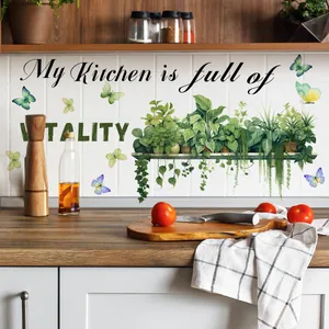 Self-adhesive kitchen wall stickers with potted plants, butterflies and vitality text