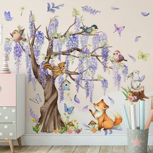 Stickers muraux aquarelle avec glycine violette et animaux de la forêt pour chambre d'enfant