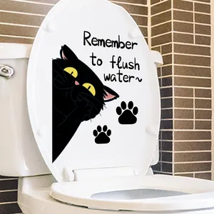 Cartoon Schwarze Katze Toilettenaufkleber Wasserdichtes PVC Wandtattoo Mit Remember To Flush Water Text Für Badezimmer Deko