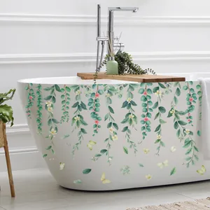 Waterproof green vine and floral butterfly decals for bathroom bathtub decoration