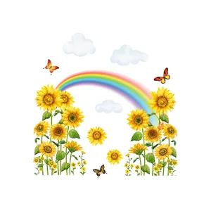 Sunflower rainbow butterfly wall decal set with white clouds in watercolor style