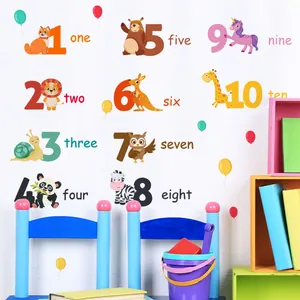 Educational animal wall stickers for kids with numbers and English words on a white wall