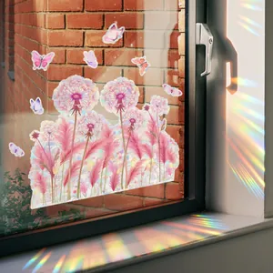 Rainbow holographic window film with pink dandelions and colorful butterflies under sunlight