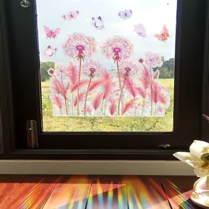 Pink dandelion butterfly static glass window film with rainbow sunlight prism effect