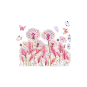 Holographic dandelion and butterfly static glass window film stickers with pink accents