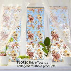 Detalle de película para ventanas con girasoles vintage y flores sobre vidrio pulido