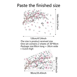 Detailed size specifications for pink flower branch and bird wall decal layout