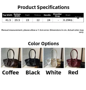 Size chart and dimensions for large capacity pleated PU leather tote bag in four colors