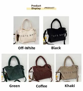 Corduroy tote bags in five colors: cream, black, green, coffee, and khaki with straps