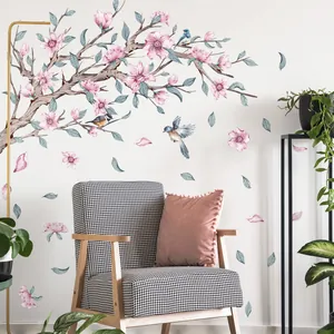 Floral wall decal with pink peach blossoms and birds for living room home decor
