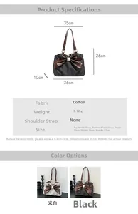 Detail showing polka dot fabric texture and oversized bow on the large shoulder bag