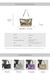 Guide des tailles du sac à paillettes indiquant 31x23x10cm et hauteur d'anse 29cm