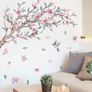 Watercolor pink floral tree branch wall sticker with birds for living room decor