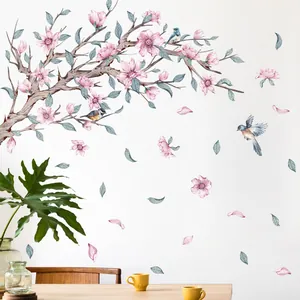 Pink cherry blossom branch wall decals with birds for living room home decoration