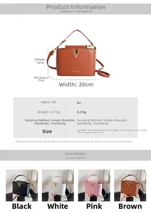 Detail view of stylish PU leather handbag showing the V-shape metal hardware and dimensions