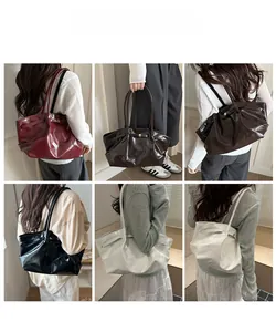 Collage showing various colors of high-gloss pleated tote bags worn for commuting