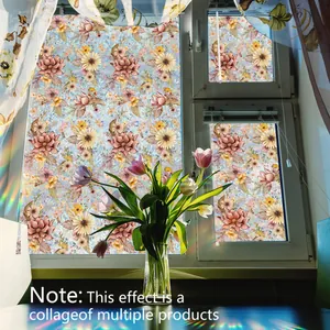Lámina para ventana con efecto arcoíris y diseño floral con luz solar sobre cristal