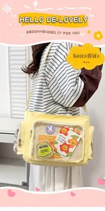 Detail of a bright yellow Ita bag featuring a large clear window with decorative stickers