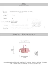 Size chart for woven bucket bag showing dimensions 27x17x14cm and adjustable strap detail