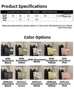Size chart showing tote bag dimensions and small coin purse with color options