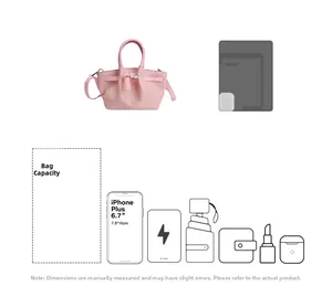 Detailed capacity view of pink woven bucket bag showing it fits a tablet and essentials