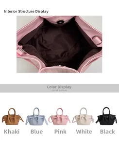 Detail of five colors woven leather bucket bags with interior structure and shoulder strap