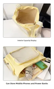Detail showing the large capacity and transparent window of this yellow crossbody bag