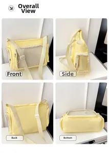 Multi-angle view of yellow crossbody bag with clear window and adjustable strap