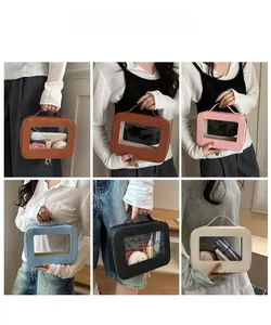 Collage de trousses de maquillage multicolores avec fenêtre PVC et poignées en cuir