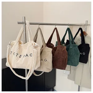 Corduroy tote bags collection in cream, beige, brown, green, and black colors