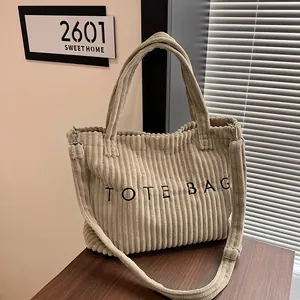 Women Large Capacity Corduroy Tote Bag Vintage Letter Embroidery Shoulder Bag Casual Commuting Handbag With Adjustable Strap